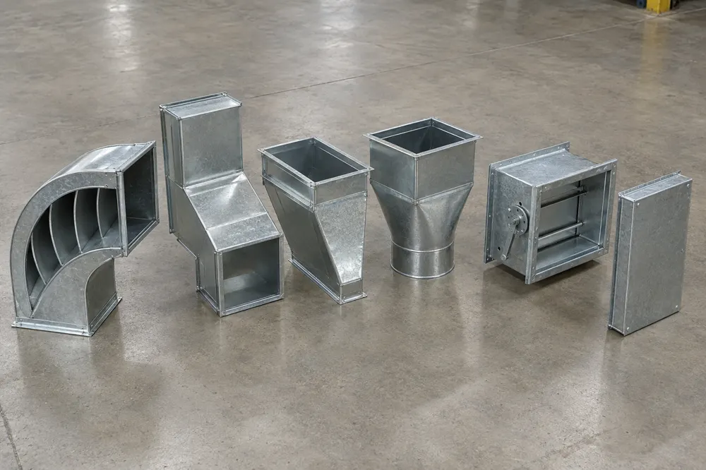 Rectangular radius elbow with turning vanes, offset, transitions, square-to-round, damper and end cap